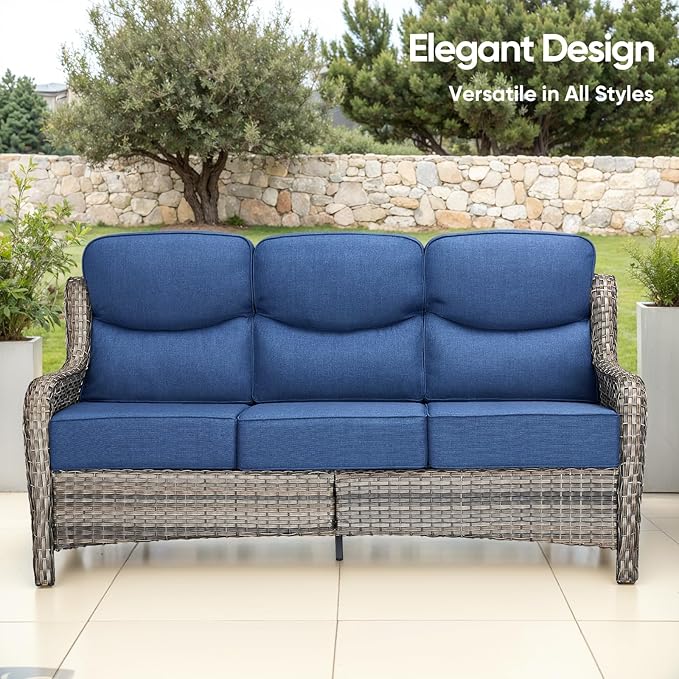 Swivel Patio Chairs sofa Set of 9 with 6" Thick Cushion - Wicker Outdoor Swivel Rocker Patio Chair ,Sofa/Glass coffee table, High Back Comfortable Outdoor Glider Chairs - Gery Wicker | Blue Cushions