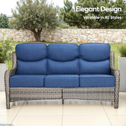 Swivel Patio Chairs sofa Set of 8 with 6" Thick Cushion - Wicker Outdoor Swivel Rocker Patio Chair ,Sofa/Glass coffee table, High Back Comfortable Outdoor Glider Chairs - Gery Wicker | Blue Cushions