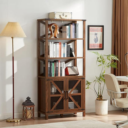 5 Tier Bookshelf 70" Tall Bookcase with Barn Doors,Large Farmhouse Display Book Shelf with Adjustable Shelves and Storage Cabinet,Wood Bookshelves for Living Room,Kitchen,Brown(2PCS)