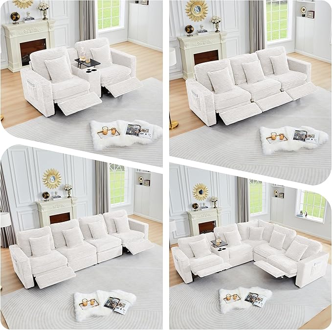 ORRD Power Reclining Sectional Sofa, Electric 3 Seat Recliner with 1 Electric Footrest and Adjustable Headrest, Modern Plush Corduroy Fluffy Reclining Sectional with Deep Seat for Living Room-White