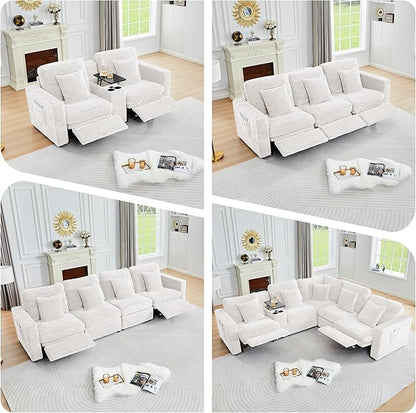 ORRD Power Reclining Sectional Sofa, Electric 4 Seat Recliner with 2 Electric Footrest and Adjustable Headrest, Modern Plush Corduroy Fluffy Modular Sectional with Deep Seat for Living Room-White