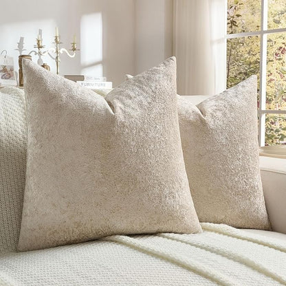 FUTEI Beige Flannel Throw Pillow Covers 20x20 Inch Set of 2,Soft Dimensional Textured Cushion Cases,Modern Home Decor for Couch Living Room