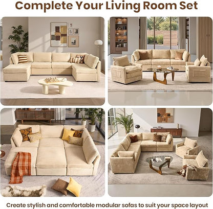 32.7'' Middle Seat for Modular Sectional Sofa, Deep Seat Upholstered Armless Chair Sleeper Sofas, L/U/V Shaped Plush Corduroy Cloud Couch for Living Room Apartment, Beige