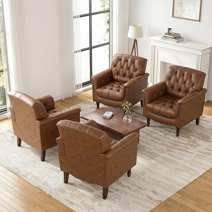 Faux Leather Accent Chairs Set of 4, Upholstered Armchairs with Nailhead Trims & Wood Legs for Living Room, Bedroom, Contemporary Comfy Club Chairs for Office-Brown