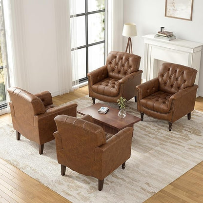 Faux Leather Accent Chairs Set of 4, Upholstered Armchairs with Nailhead Trims & Wood Legs for Living Room, Bedroom, Contemporary Comfy Club Chairs for Office-Brown