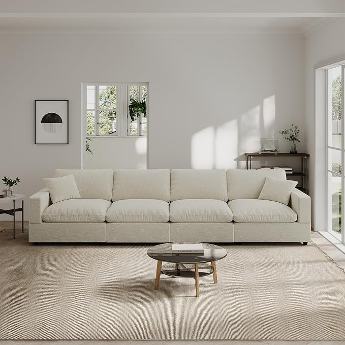 Modern Sectional Linen Couch for Living Room L-Shape Sofas,4 Seat Modular Cloud Sofas,Detachable Couch Cushion Covers,Cozy Feather Down Sofa for Apartment Beige