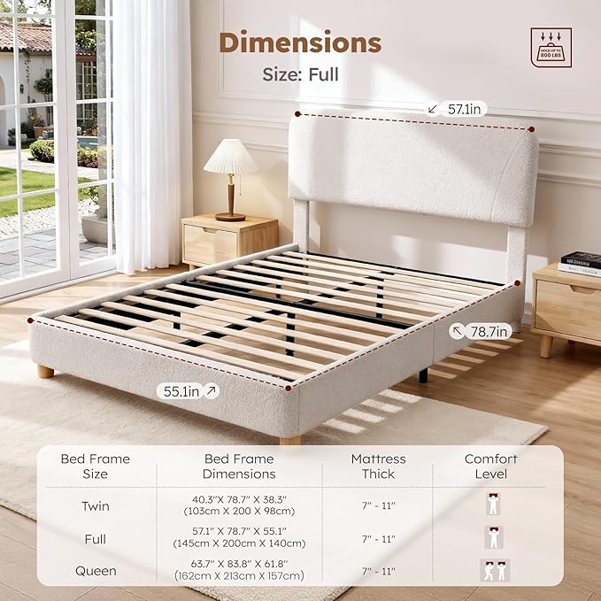 Cloud Bed Frame, Soft Boucle Bed Frame with Adjustable Headboard, Solid Wood Legs, Rounded Corners Design & Easy Assembly – Modern Platform Bed, Twin Cream