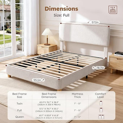 Cloud Bed Frame, Soft Boucle Bed Frame with Adjustable Headboard, Solid Wood Legs, Rounded Corners Design & Easy Assembly – Modern Platform Bed, Twin Cream