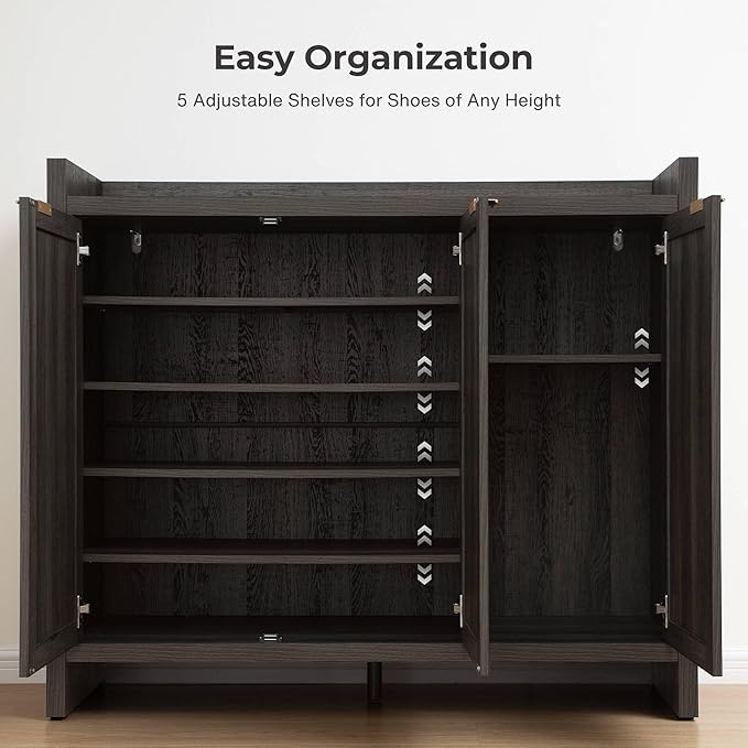 SICOTAS Shoe Storage Cabinet Set of 2, Large Tall Shoe Cabinet, Rattan Shoe Cabinet Storage for Entryway, Farmhouse Cabinet with Doors and Adjustable Shelves for Entryway Hallway, Black Oak
