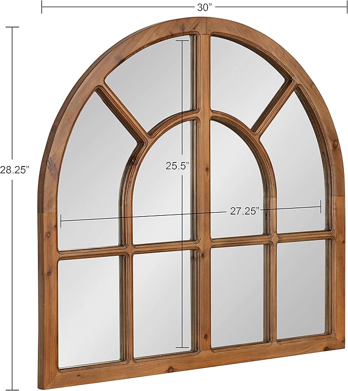 Kate and Laurel Boldmere Modern Farmhouse Wide Windowpane Arched Mirror; 30 x 29; Rustic Brown; Decorative Vintage Inspired Window Mirror for Farmhouse Wall Decor