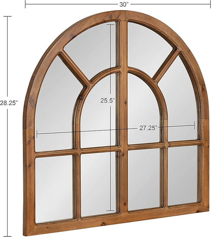 Kate and Laurel Boldmere Modern Farmhouse Wide Windowpane Arched Mirror; 30 x 29; Rustic Brown; Decorative Vintage Inspired Window Mirror for Farmhouse Wall Decor