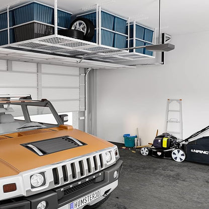 FLEXIMOUNTS 3x8 Overhead Garage Ceiling Storage Rack, Adjustable Garage Organization System, Heavy Duty Metal, 750lbs Weight Capacity, White, Classic Series