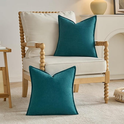 FUTEI Teal Chenille Throw Pillow Covers 20x20 Inch Set of 2,Edges Double-Stitched Cushion Cases,Modern Home Decor for Couch Living Room