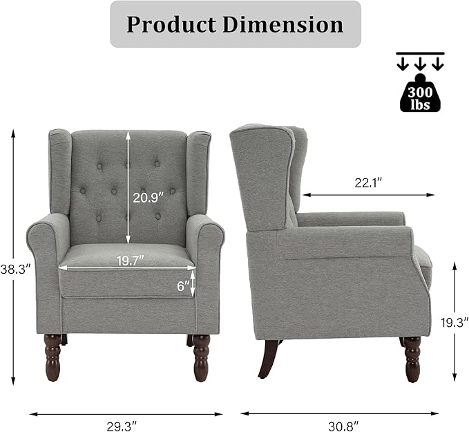 High Back Accent Chairs Set of 2, High Wingback Chair for Living Room, Button-Tufted Upholstered Fabric Armchair with Solid Wood Legs, Comfy Single Sofa Reading Chair for Bedroom, Light Gray