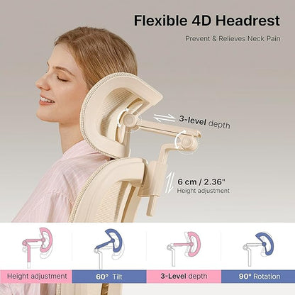 HINOMI Q2 Ergonomic Office Chair with Lumbar Support & Adjustable Headrest, Cushion Seat with Flip-Up Arms, Reclining Computer Seating with Footrest, Stylish Desk Model for Home (Cream White)