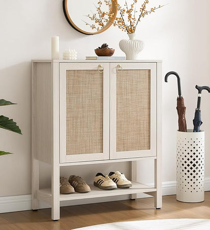 SICOTAS Rattan Shoe Cabinet with Storage - 5 Tier Farmhouse Boho Shoe Organizer Storage Cabinet with Shelves & Doors, Tall Shoe Rack Cabinet for Entryway, Living Room, Closet (White Cream Oak)