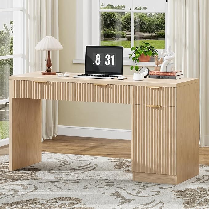 60" Executive Desk with Fluted Drawers, Wood Home Office Desk with Storage Cabinet, Charging Station, Fluted Computer Writing Desk for Study, Living Room.