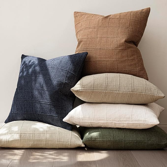 Foindtower Set of 2 Decorative Linen Check Throw Pillow Covers Neutral Farmhouse Vintage Cushion Covers Modern Boho Home Decor for Sofa Chair Couch Bedroom Living Room,26×26 Inch,Brick