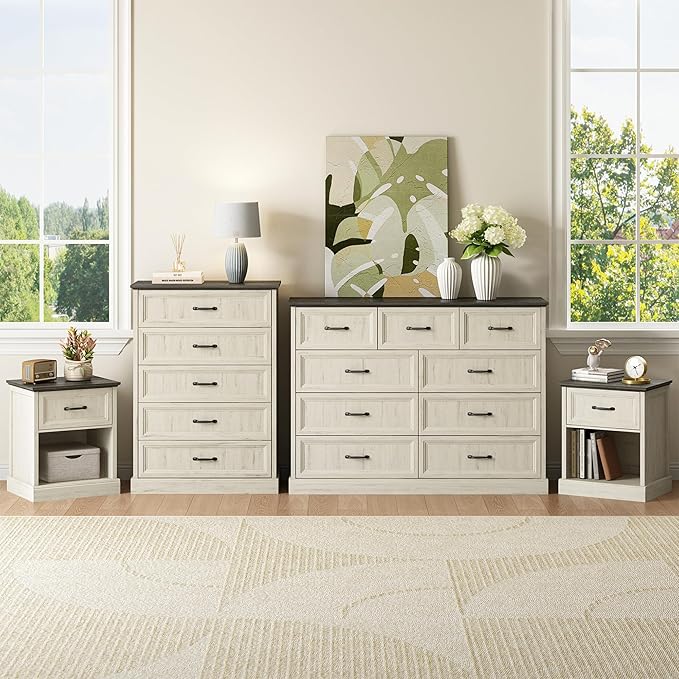 CARPETNAL Farmhouse Dresser and Nightstand Sets for Bedroom, 4 Pcs Bedroom Set, 5 Drawer & 9 Drawer Dresser and Nightstand Set of 2, Wood Chest of Drawers for Living Room, Entryway, White