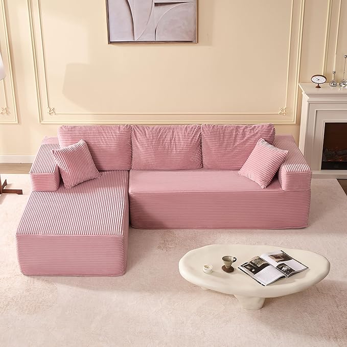 107" Boneless Couch with Deep Seat, Modular Sectional Sofa, Cloud Sectional Couch for Living Room, No Assembly Required, Corduroy, L-Shape Left，Pink