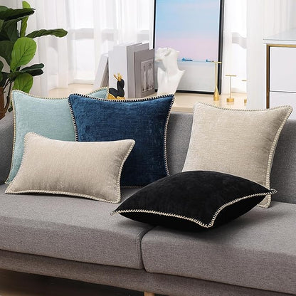 decorUhome Chenille Soft Throw Pillow Covers 12x20 Set of 2, Lumbar Velvet Farmhouse Neutral Decorative Euro Pillow Covers with Stitched Edge for Couch Sofa Bed Home Decor, Poseidon