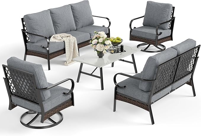 5 Piece Metal Outdoor Patio Furniture Set, Patio Conversation Sets 1 3-Seater Sofa, 2-Seater Sofa, 2 Swivel Sofa with 5.75" Thick Cushion & Coffee Table Black Backyard Furniture, Gray