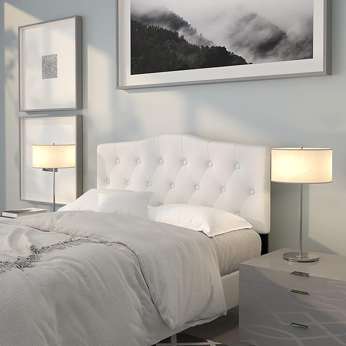 EMMA + OLIVER Tufted Upholstered Full Size Headboard in White Fabric
