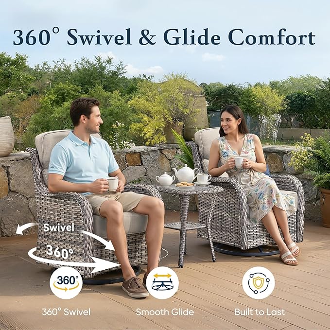 Belord Luxury 6" Thick Cushioned 6 Pieces Patio Furniture Set with Outdoor Couch, Wicker Outdoor Conversation Set with High Back Swivel Rocker Chairs for Deck Porch Yard and Poolside - Grey+Beige