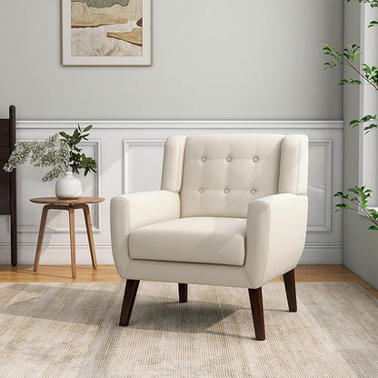 Accent Chair, Mid-Century Modern Fabric Chairs with Arms for Living Room, Comfy Upholstered Club Single Sofa Armchair for Bedroom Waiting Room with Solid Wood Frame (Fabric White, Set of 1)