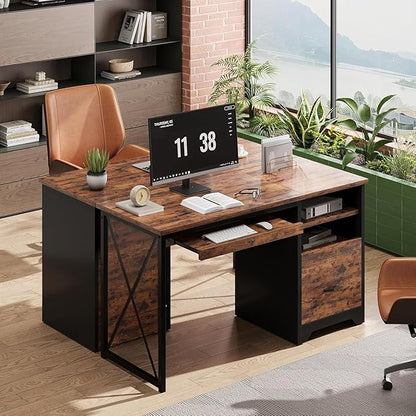 Bestier 47" Computer Desk with Drawers, Home Office Desk with Keyboard Tray, Reversible Industrial Office Desk with Storage Cabinet for Small Space Home Office & Studio, Rustic Brown