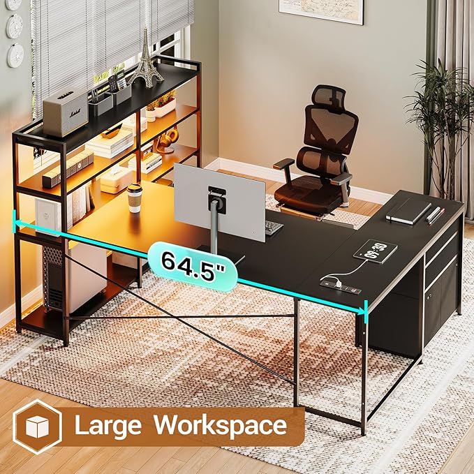 SEDETA L Shaped Gaming Desk, Reversible U Shaped Computer Desk with Power Outlet and Storage Shelves, Corner Gaming Desk with LED Lights, 3 Fabric Drawers, Black