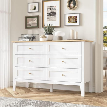 6 Drawers White Dresser for Bedroom, 47" Wide Wood Modern Chest of Drawers, Shaker Style, Modular Dresser TV Stand for Bedroom, Living Room, Hallway (White)