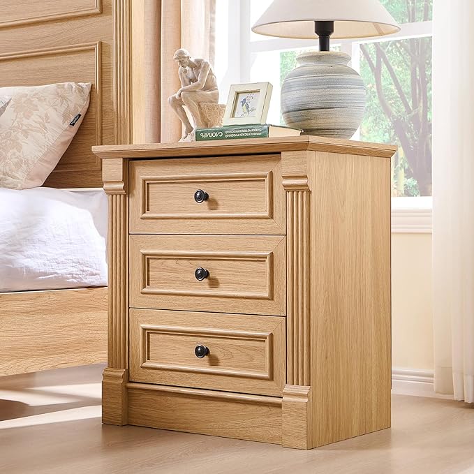 26" Tall Nightstand with Charging Station, Farmhouse 23.6" Wide Large End Table w/Roman Column, Wood Rustic Side Table w/Metal Handle, 3 Drawers Dresser for Bedroom, Living Room, Natrual