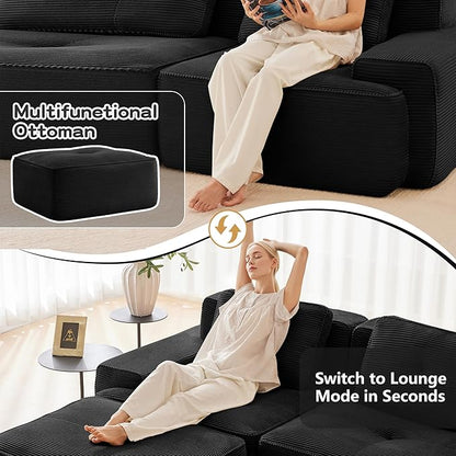 115.3” Black Boneless Couches for Living Room, Modular Sectional Sofa with L-Shape Chaise, 3 Seater Comfy Upholstered Deep Seat Corduroy Fabric Cloud Couch No Assembly, Anti-Slip Design