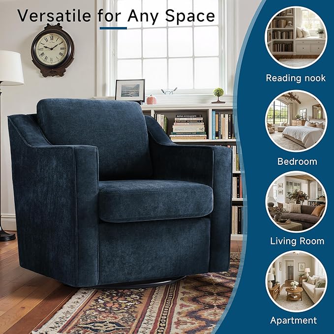 Pia Ricco 2-Pack Plush Oversized Chenille Fabric Swivel Accent Chairs with Removable Covers, Living Room Reception Bundle Set,Grey Blue