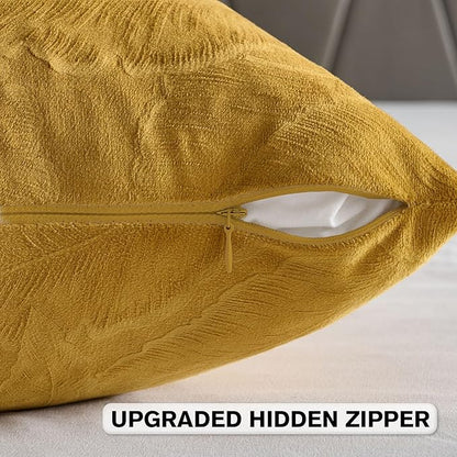 FUTEI Golden Yellow Velvet Throw Pillow Covers 12x20 Inch Set of 2,Soft Embossed Leaf-Relief Textured Lumbar Pillow Cases,Natural Home Decor for Couch Living Room