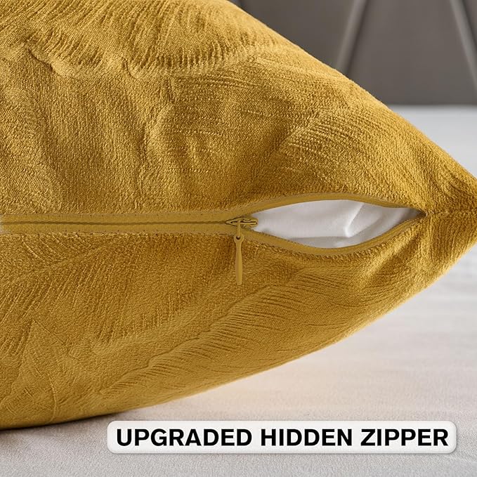 FUTEI Golden Yellow Velvet Throw Pillow Covers 22x22 Inch Set of 2,Soft Embossed Leaf-Relief Textured Cushion Cases,Natural Home Decor for Couch Living Room