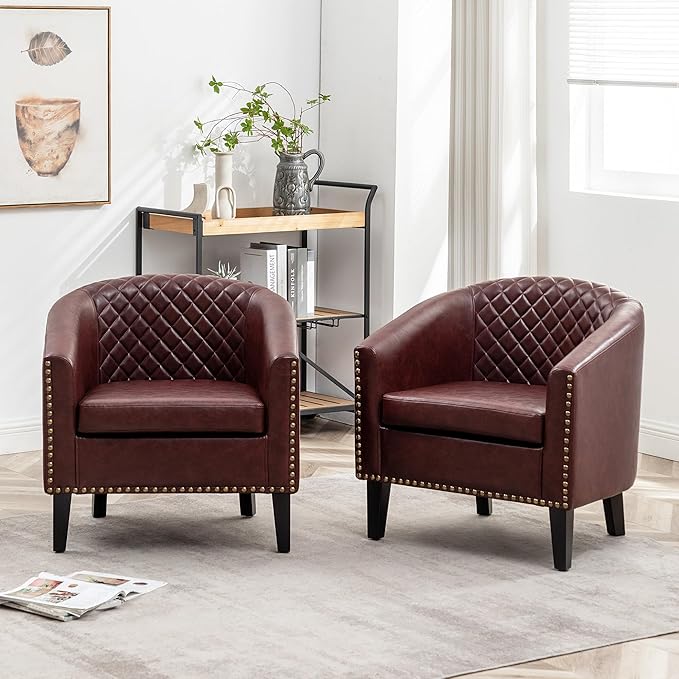 KINWELL 29" W Faux Leather Barrel Chairs Set of 2, Modern PU Upholstered Tufted Club Chairs with Nailhead Trim, Small Armchairs Accent Chairs for Living Room Bedroom Apartment Lounge Nursery, Red