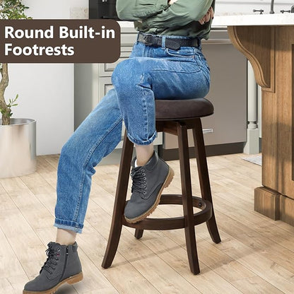 COSTWAY 24-Inch Swivel Bar Stools Set of 4, Upholstered Barstools w/PU Leather Seat & Solid Rubber Wood Legs, Mid-Century Backless Round Counter Height Stools w/Footrest for Kitchen Home Bar