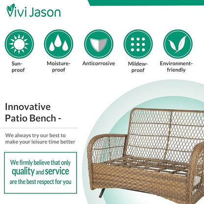 VIVIJASON 2-Piece Patio Wicker Loveseat Glider Set Cushioned, Outdoor Conversation Furniture Sets with 2-Seater Glider Rocking Bench, Coffee Table and Cushions for Porch Garden Poolside, Navy Blue