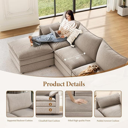 Vesgantti 142" U Shaped Sectional Couch, Comfy Cloud Modular Sectional Sofa with 2 Ottoman Deep Seat Chenille Modern Cloud Sofa, Modular Sofas for Living Room, Bedroom and Apartment, Light Brown