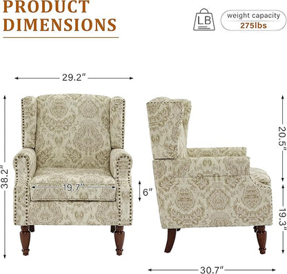 Wingback Accent Chairs Set of 2, High Back Upholstered Armchair, Printed Fabric Wingback Arms Chairs with Wood Legs, Single Sofa Reading Chair for Bedroom Living Room, White