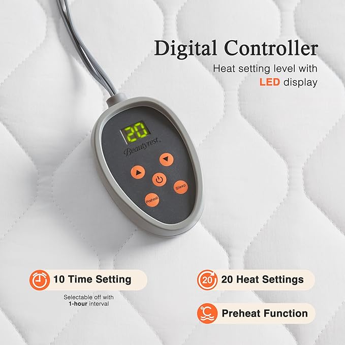 Beautyrest Cotton Heated Mattress Pad - Bed Warmer with 20 Heat Settings Controller, Auto Shut Off Timer, All Around Elastic Deep Pocket, UL Certified, Machine Washable, White Full