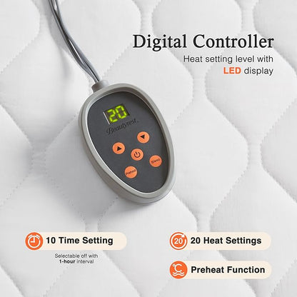 Beautyrest Cotton Heated Mattress Pad - Bed Warmer with 20 Heat Settings Controller, Auto Shut Off Timer, All Around Elastic Deep Pocket, UL Certified, Machine Washable, White Twin