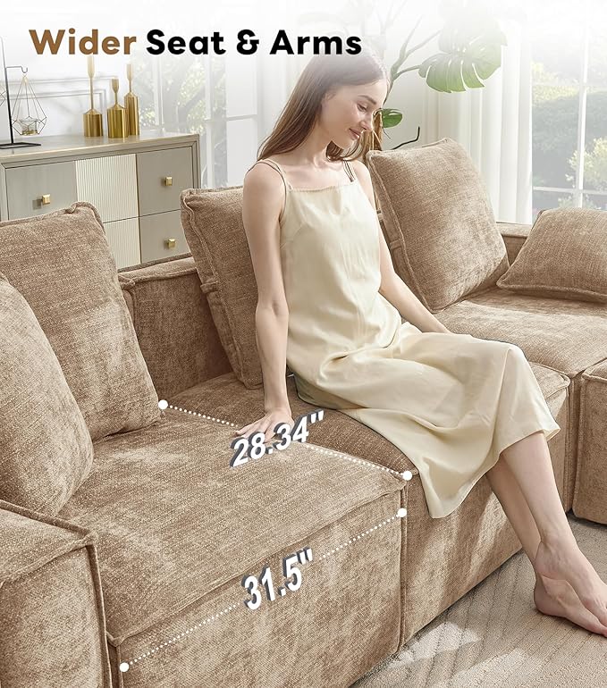 WILLOVE Modular Sectional Sofa Set, Chenille Cloud Couch with Wide Armrests & 8 Pillows, Deep Seat Couches for Living Room, 4-Seater Khaki
