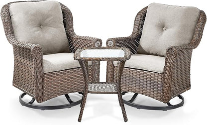 3 Piece Patio Swivel Chairs and Side Table Set - High Back Outdoor Brown Wicker Rattan Rocking Glider with Thick Cushions for Porch Apartment Deck Yard Poolside Garden - Beige