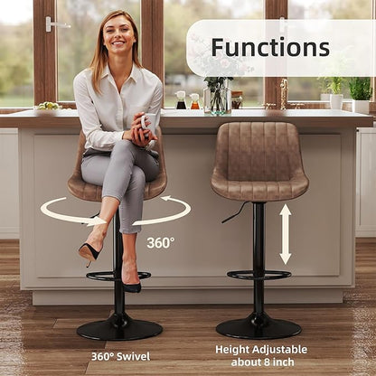 Youhauchair Bar Stools Set of 3, Swivel Counter Height Barstools with Back, Adjustable PU Leather Bar Chairs, Modern Armless Kitchen Island Stool, Light Brown
