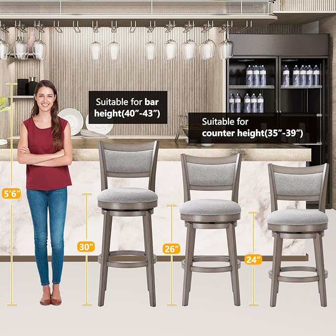 PrimeZone Swivel Bar Stools Set of 6, 26 Inch Counter Height Barstools, High Back Bar Stool with Solid Wood Legs & Wrap-Around Footrest, Counter Stools for Kitchen Island, Pub, Grey