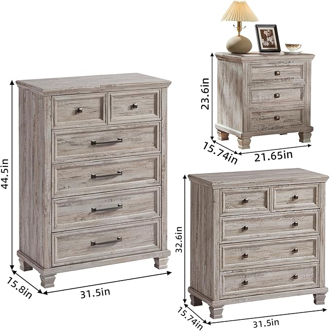 Farmhouse Bedroom Dresser and Nightstand Set of 4, 6 Drawer Tall & 5 Drawers Dresser & 3 Drawer Nightstand Set with Wooden Legs, Rustic Wood Bedroom Furniture for Livingroom, Hallway, Grey