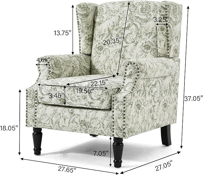 UIXE High Back Floral Accent Chairs Set of 2, Fabric Upholstered Armchair Wingback Arm Chair for Living Room, Nailhead Trim Single Sofa Bedroom Side Reading Seat with Solid Wood Legs - Rococo Green
